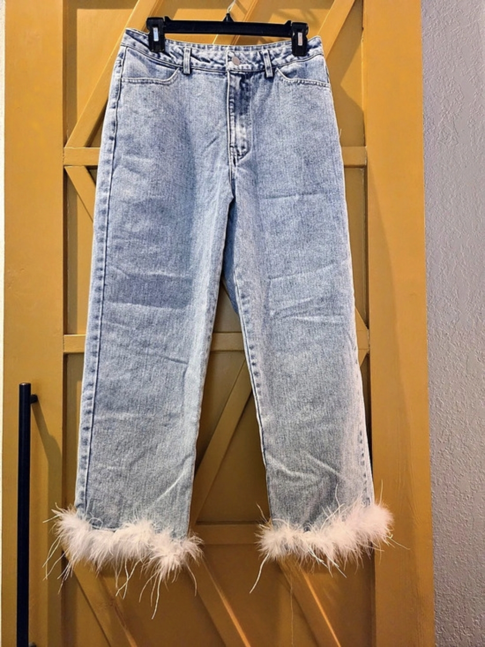 12th Tribe Faux Feather Trim Jeans Straight Leg Blue & White Medium